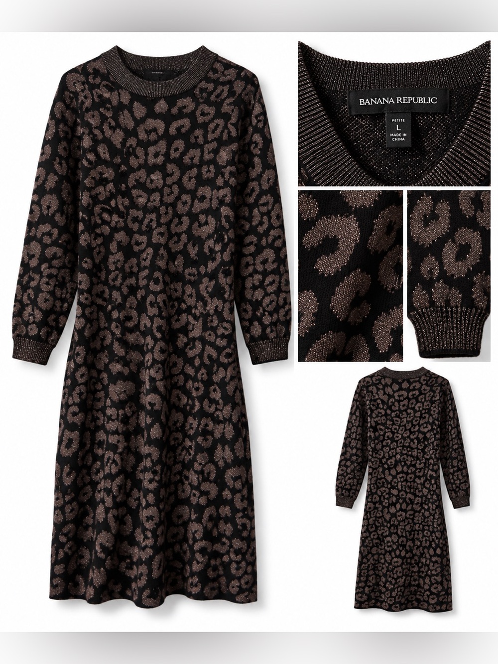 Banana Republic Black Crewneck Sweater Dress with Metallic Brown Leopard